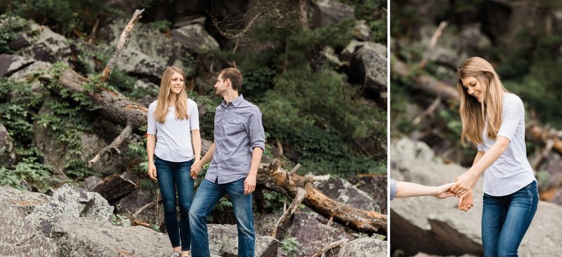 Couple posing at Devils Lake, one of the best engagement photo shoot locations in Wisconsin.