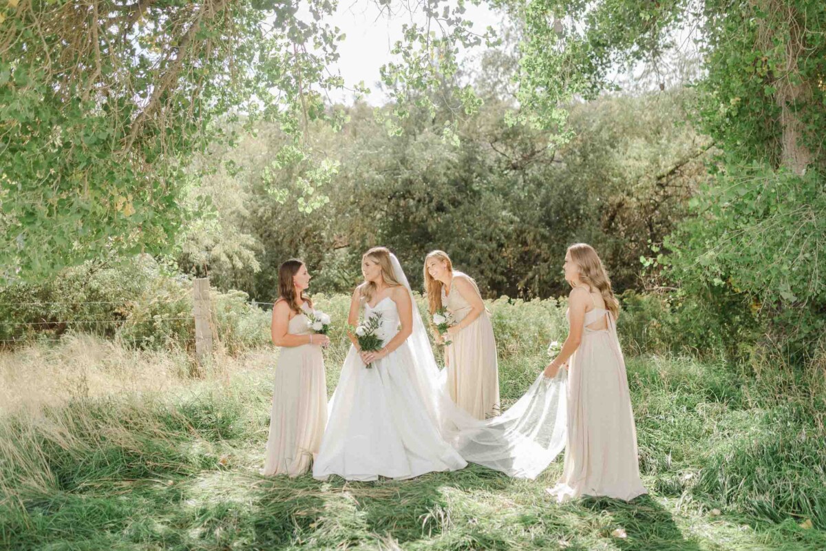 Wedding party in a natural outdoor setting with trees and lush greenery.