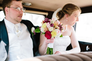 bride and groom in just married car model A vintage wedding ideas photo