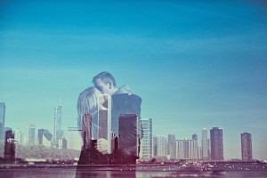 double exposure of the chicago skyline
