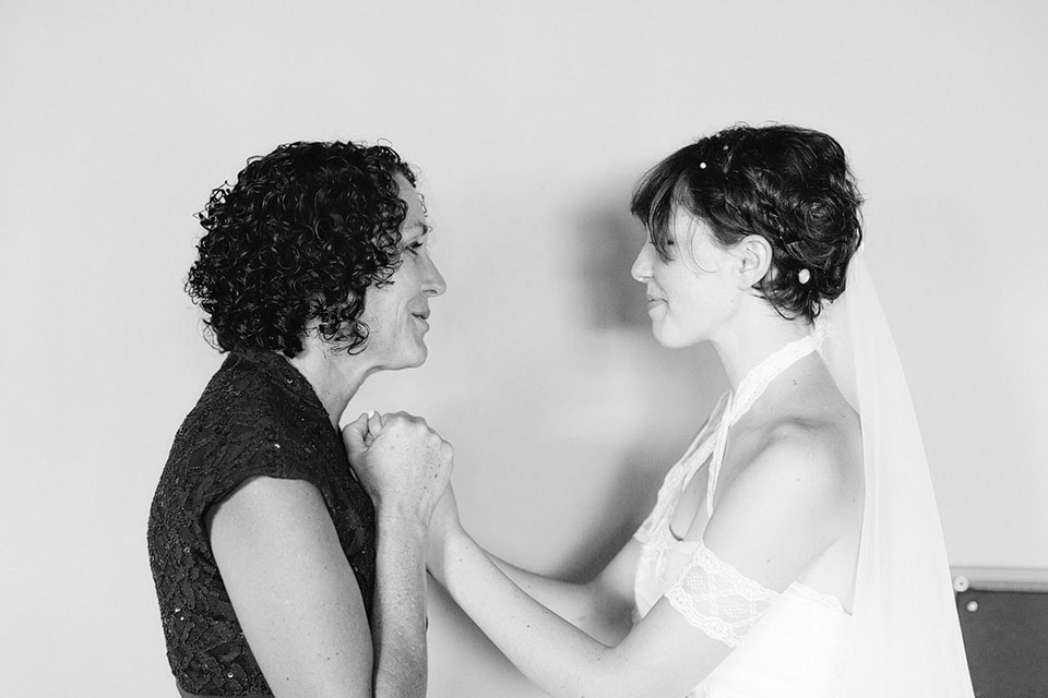 Mom and daughter at wedding holding hands