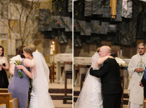 daughter hugging father and mother at wedding