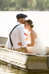 Couple on pontoon boat wedding