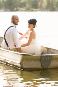 Couple on pontoon boat wedding
