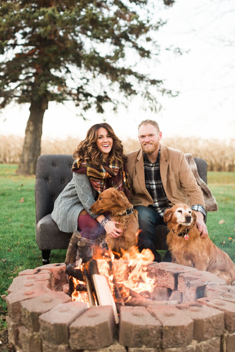Fall Couple Photos in woods with dogs and campfire