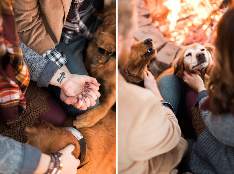 Fall Couple Photos in woods with dogs and campfire