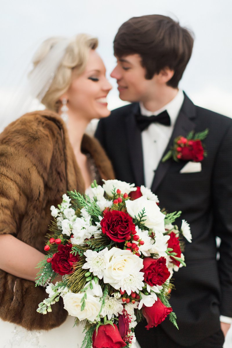 Winter Tux Fur Red Roses Red Bridesmaids Dresses Winter Wedding