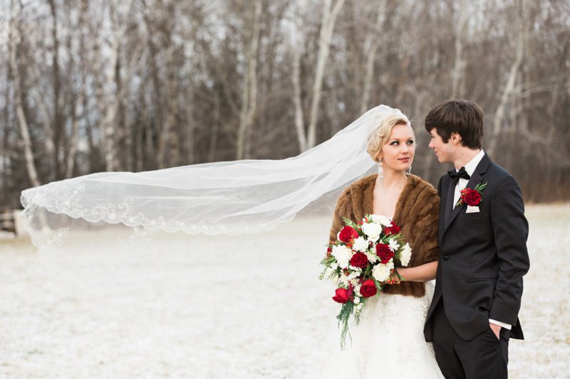 Winter Tux Fur Red Roses Red Bridesmaids Dresses Winter Wedding