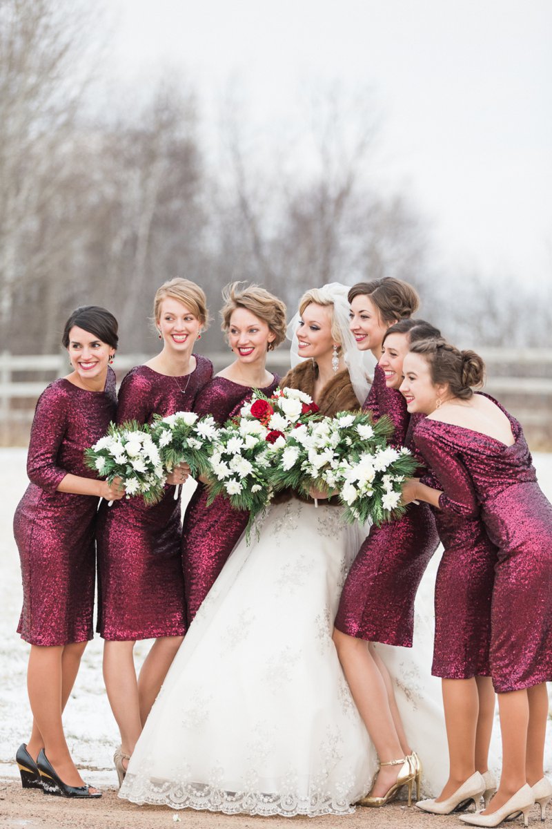 Winter Tux Fur Red Roses Red Bridesmaids Dresses Winter Wedding