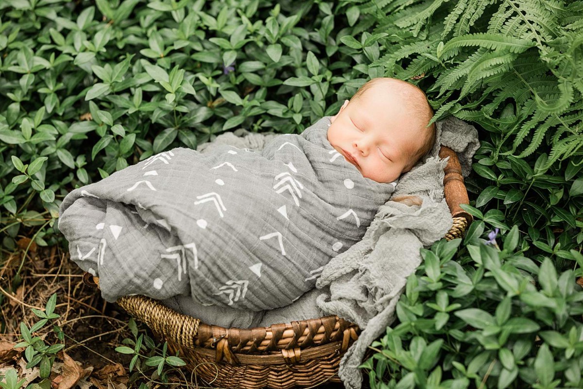 Outdoor Newborn Photos of baby in Basket in Garden