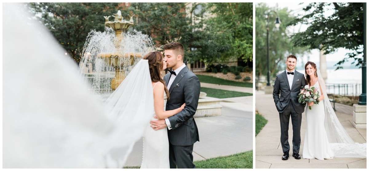 newlyweds near fountain