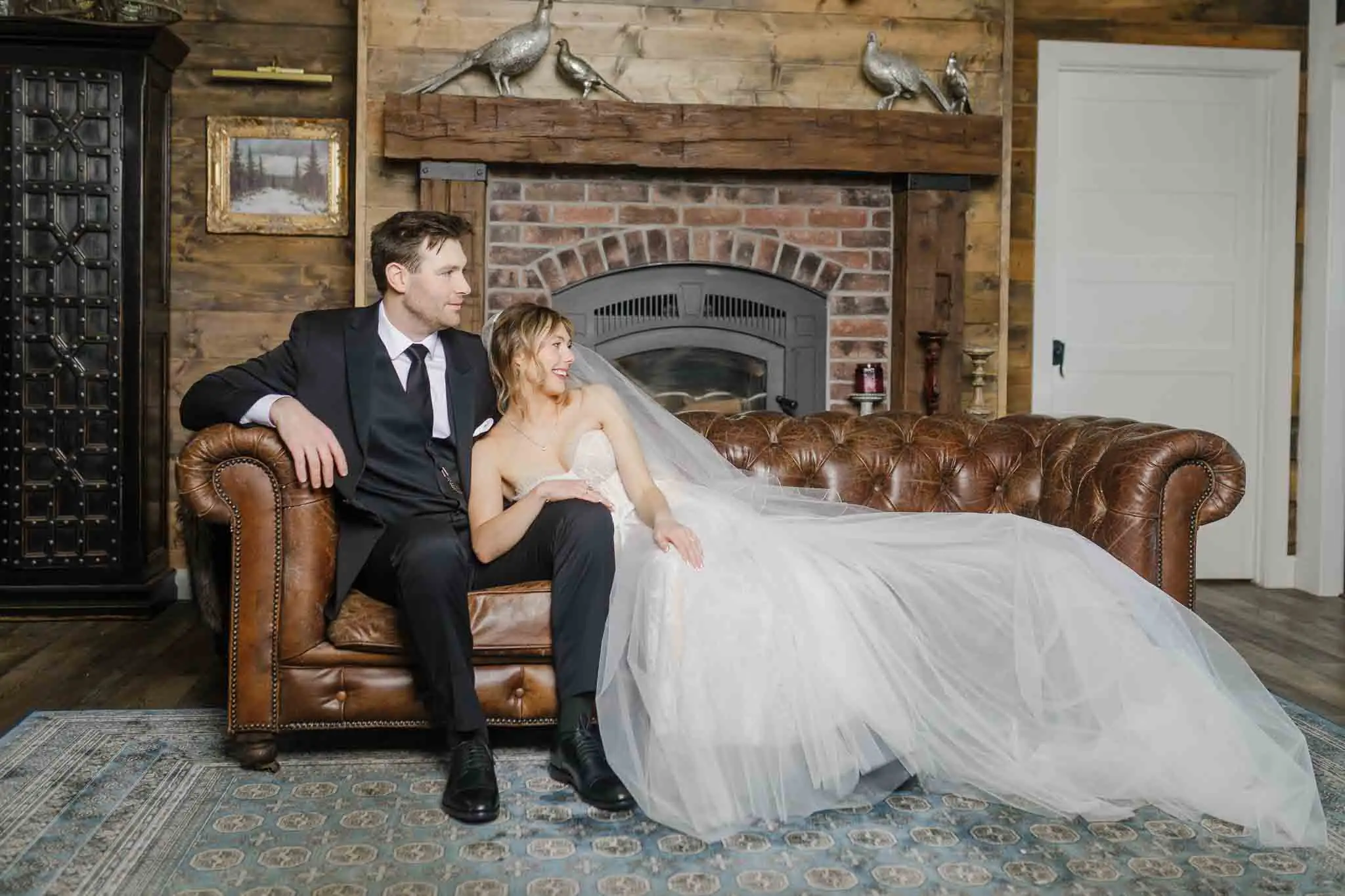 First look couple portrait – Shell Lake northern Wisconsin winter wedding, James Stokes Photography