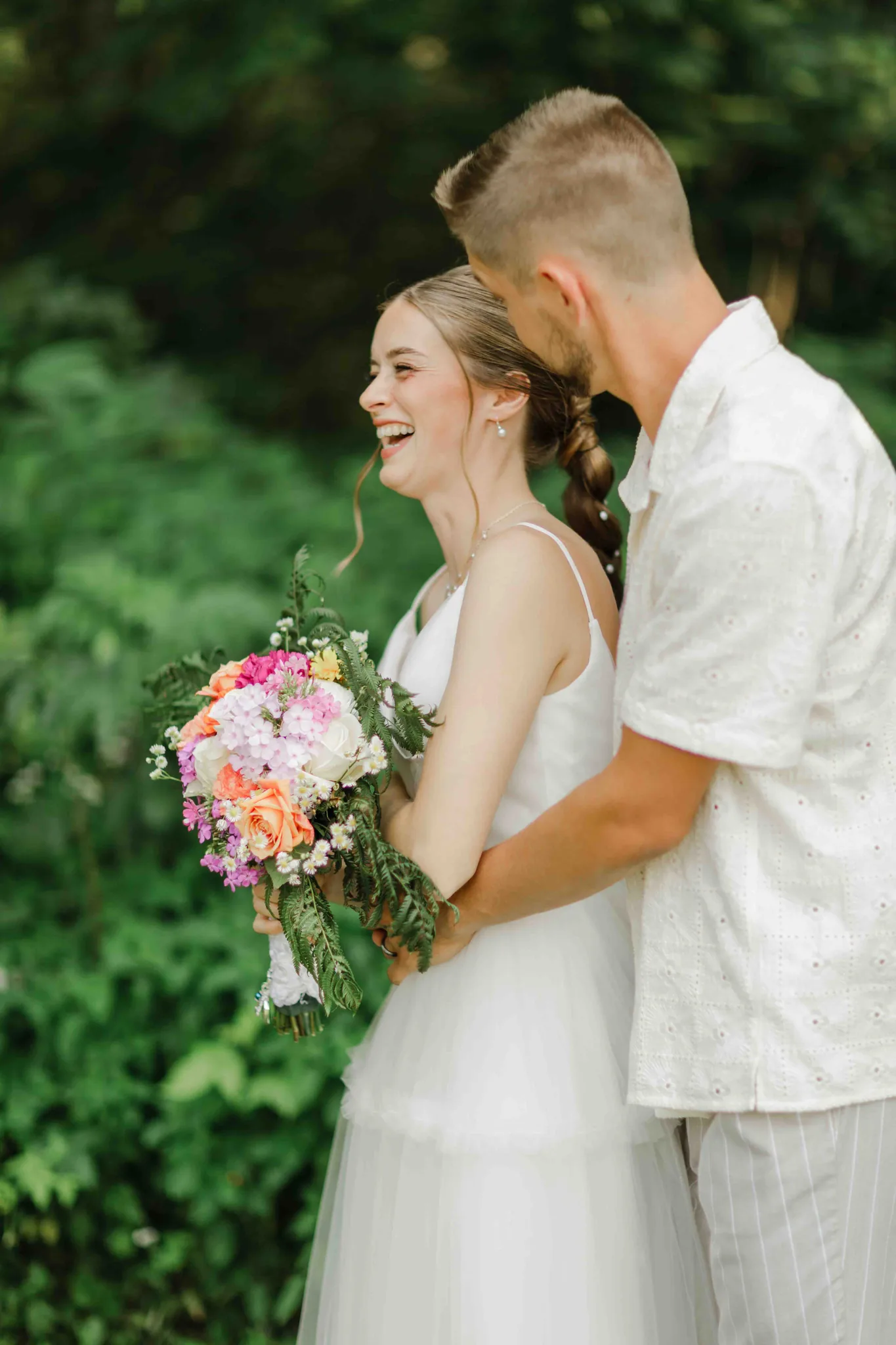 Outdoor bride and groom portrait at Wisconsin Dells backyard wedding by James Stokes Photography